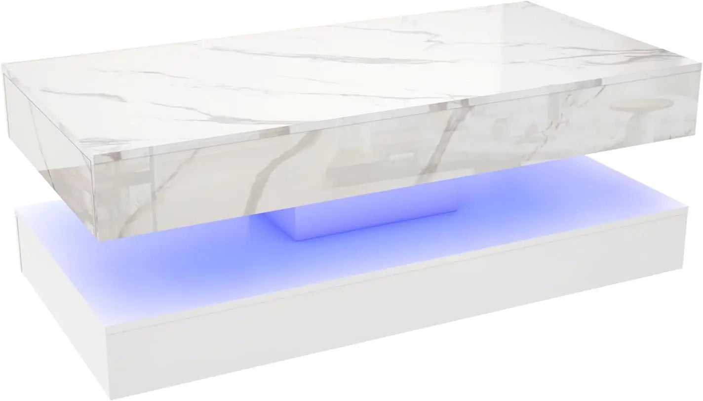 Modern Stylish Coffee Table with LED Lights Double Layer Design for Living Room with Storage Drawers