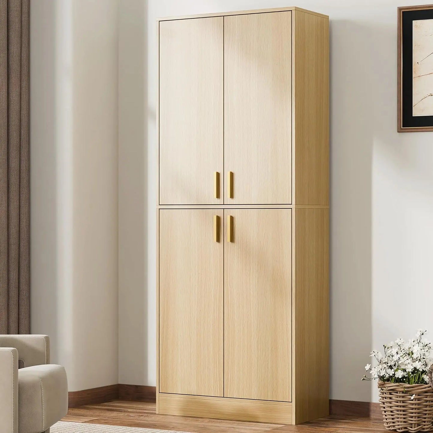 71 Inch Tall Modern Wood Kitchen Pantry Cabinet With Four Doors And Shelves