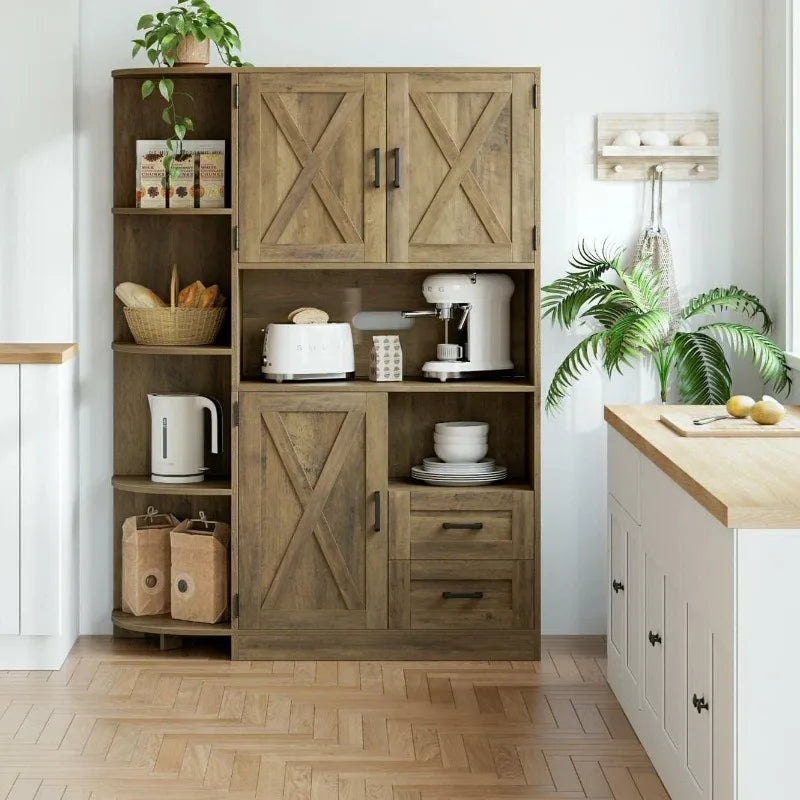 60.4" Farmhouse Kitchen Pantry Storage Cabinet, Freestanding Hutch With Doors & Shelves