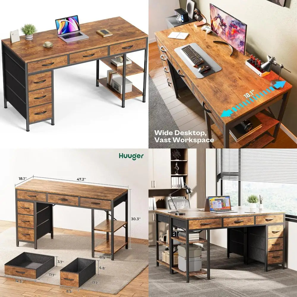 Rustic Brown Six Drawer Gaming Desk With Storage Shelves