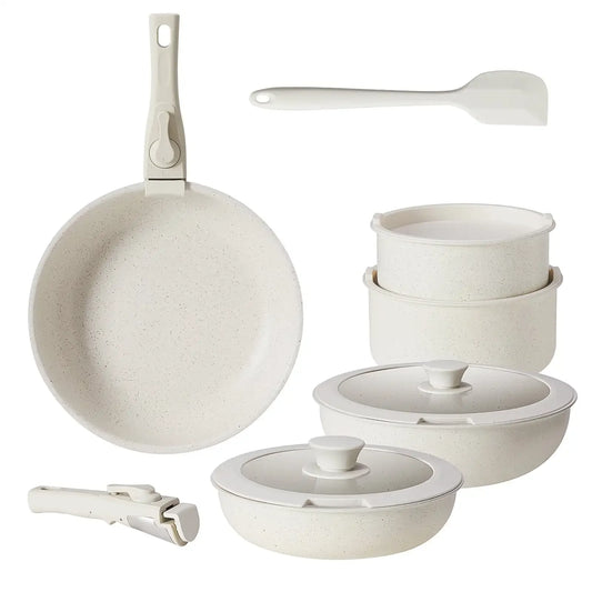 12pcs Non-Stick Cookware Set, Detachable Handle, Beige