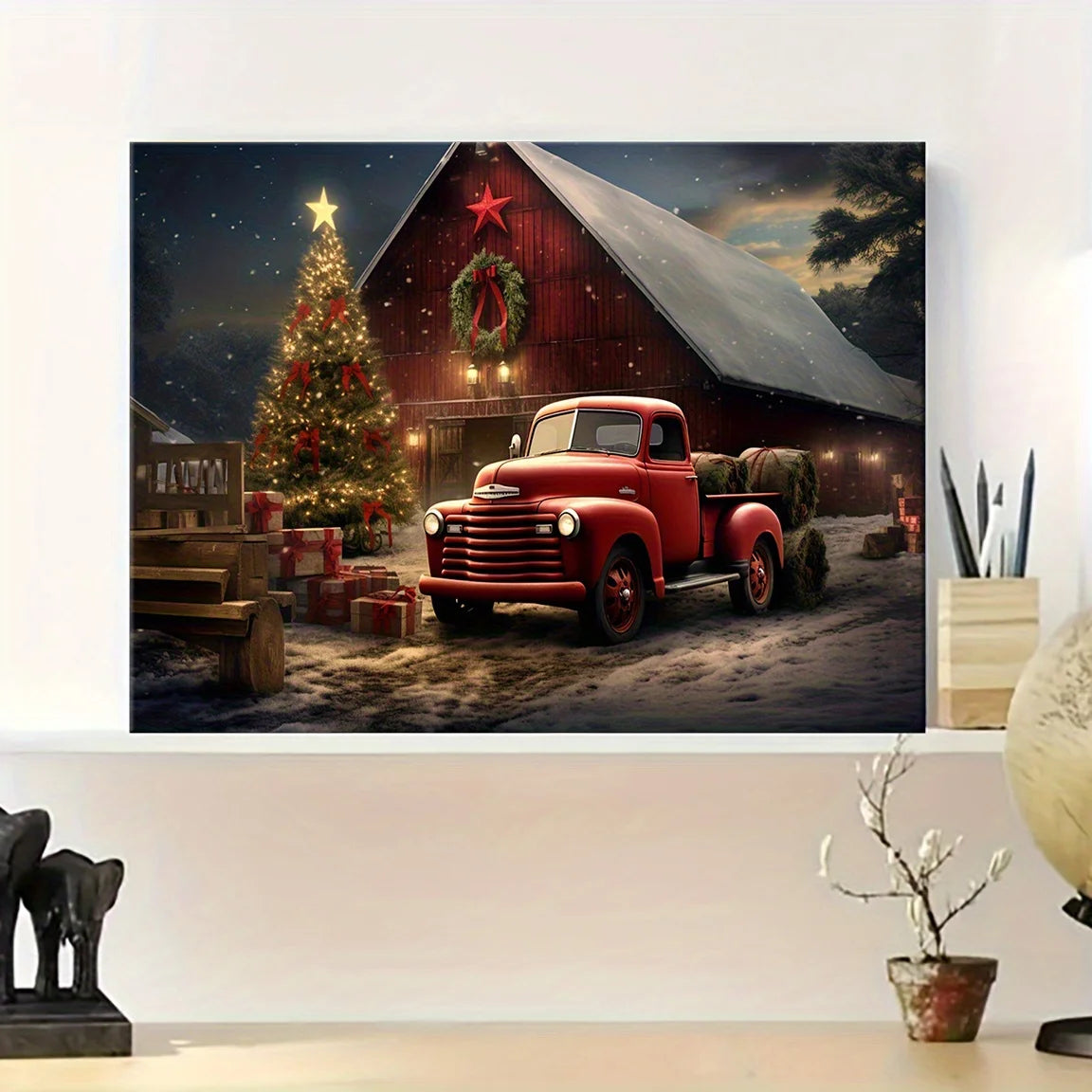 1PC Vintage Red Truck Christmas Canvas Print Waterproof Horizontal Rectangle Artwork