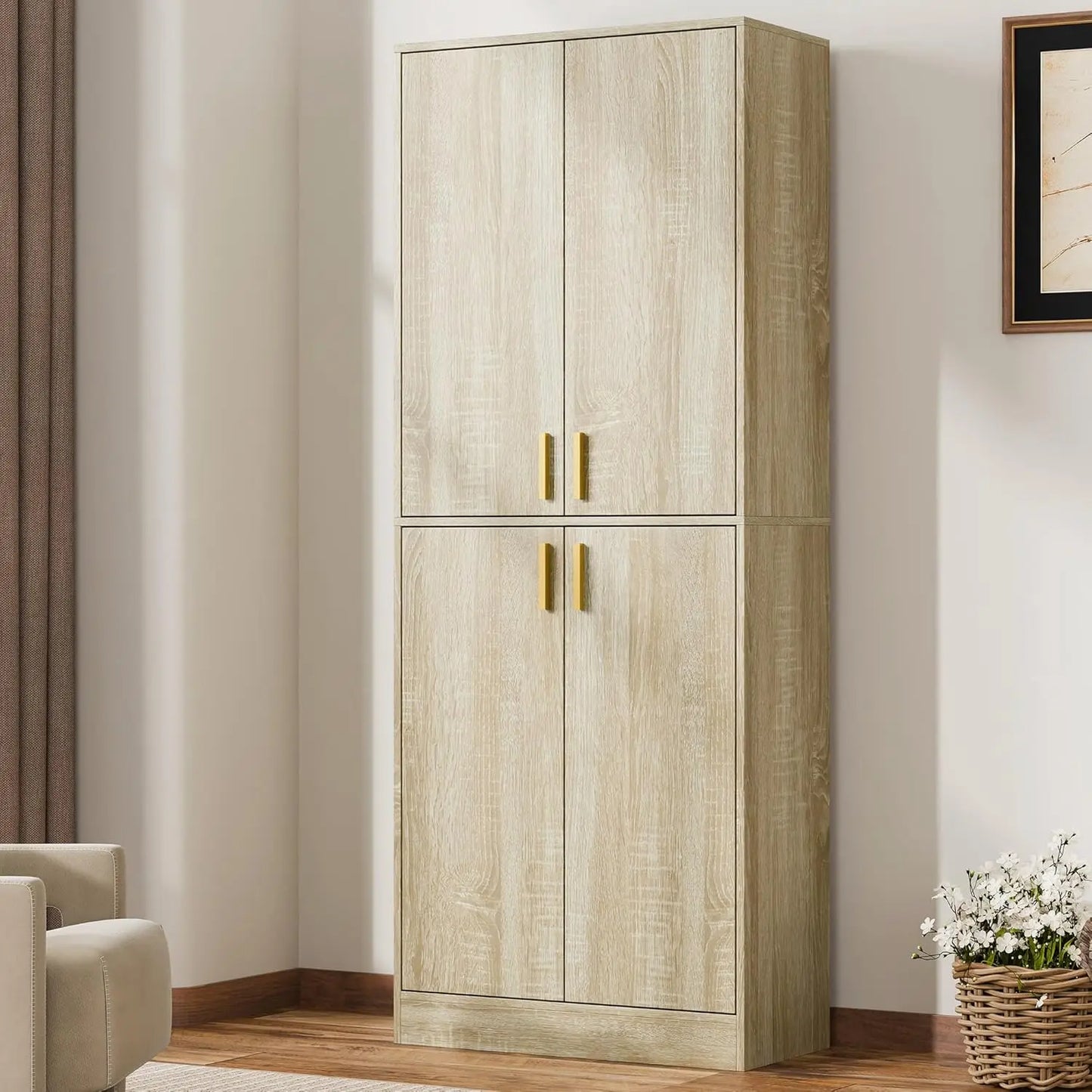 71 Inch Tall Modern Wood Kitchen Pantry Cabinet With Four Doors And Shelves
