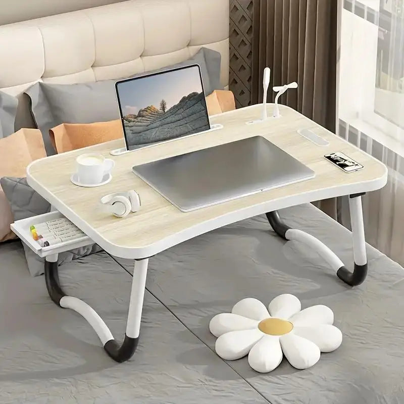 Portable Laptop Desk with USB Light Small Fan Cup Holder Tablet Slot and Lifting Handle