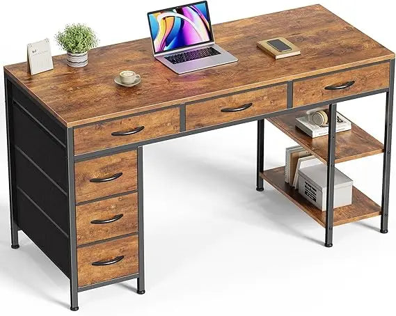 Rustic Brown Six Drawer Gaming Desk With Storage Shelves