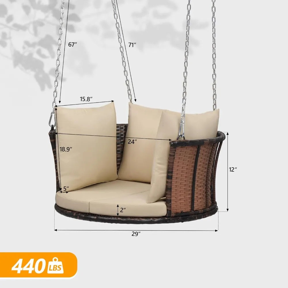 One Person Round Rattan Porch Swing With Cushions And Adjustable Chains 440 Lbs