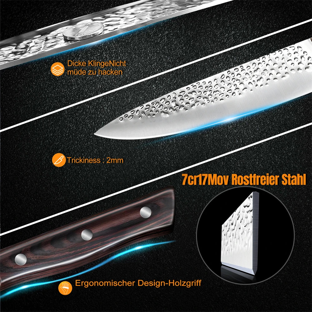 8 Piece Chef Kitchen Knives Set Hammer Pattern Sharp Cutting Blades