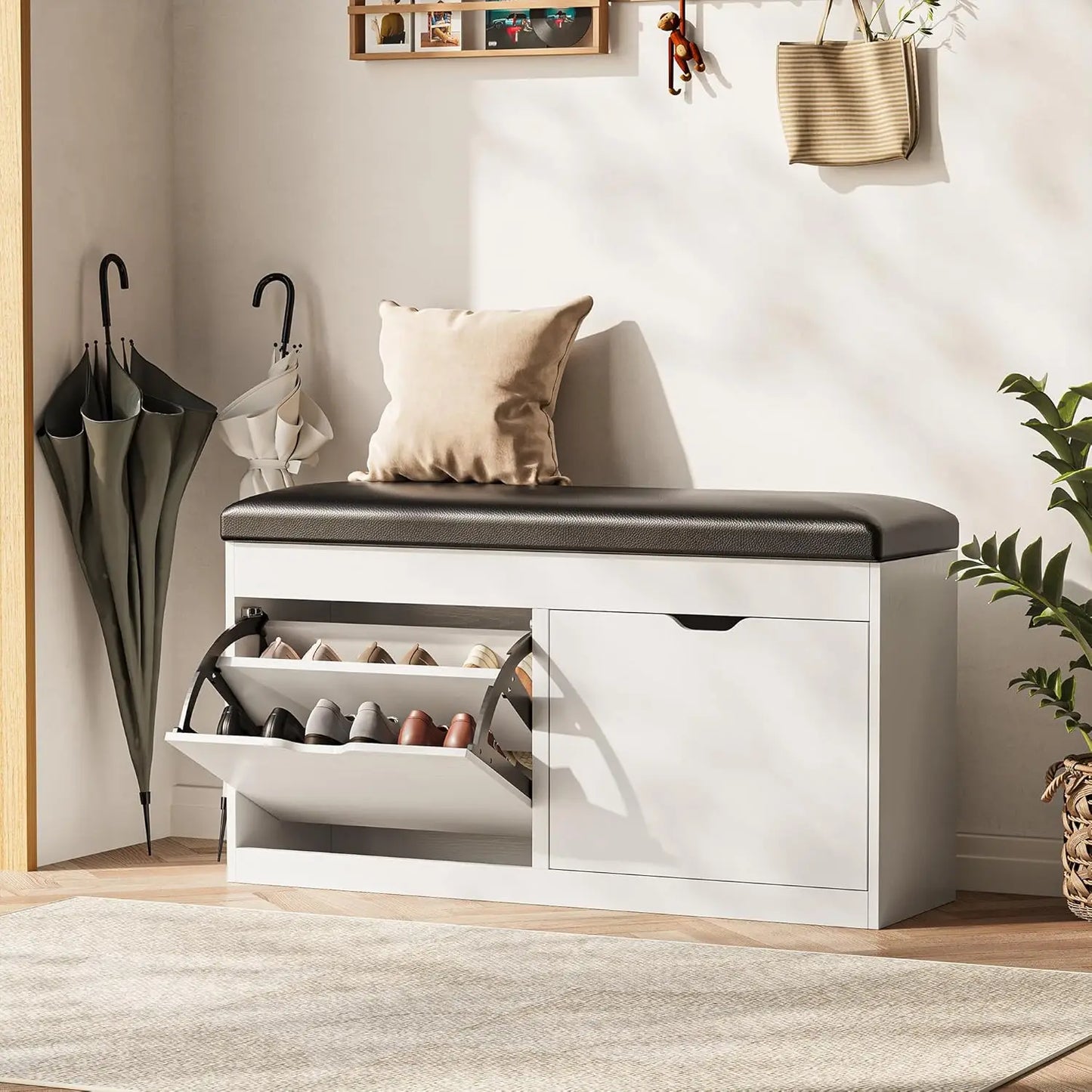 40 Inch Shoe Storage Bench With Two Flip Drawers And Padded Seat