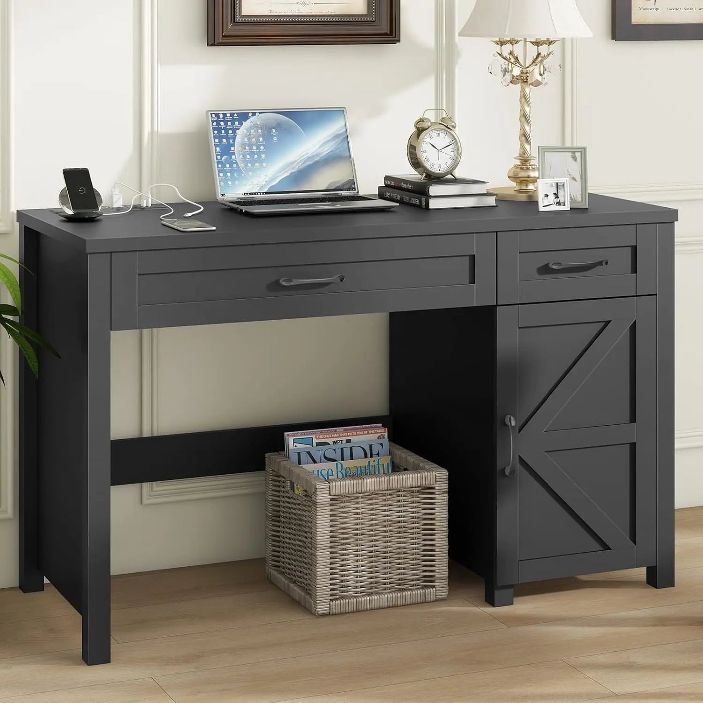 Elegant 47 Inch Farmhouse Style Executive Desk With Storage