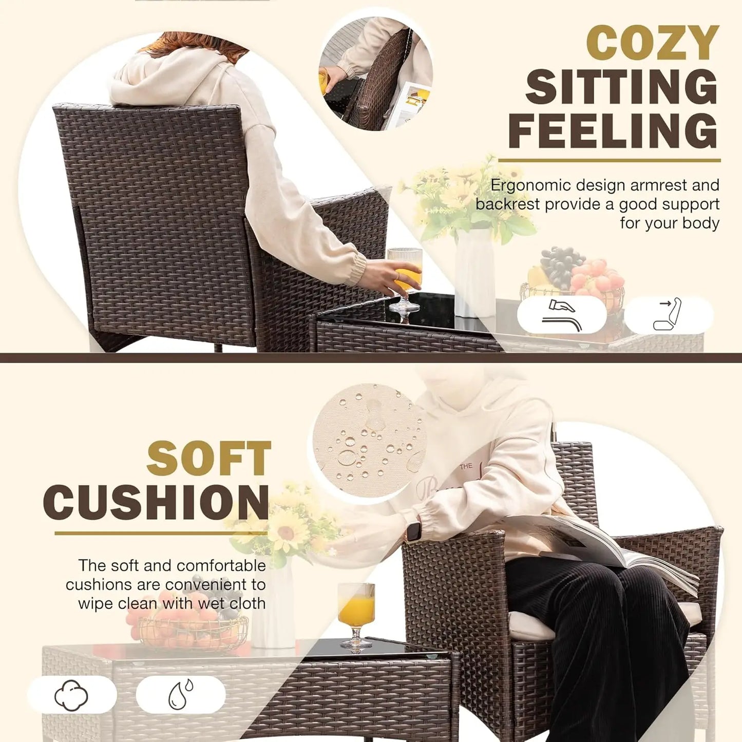 4 Pieces Outdoor Patio Furniture Sets Rattan Chair Wicker Set For Backyard