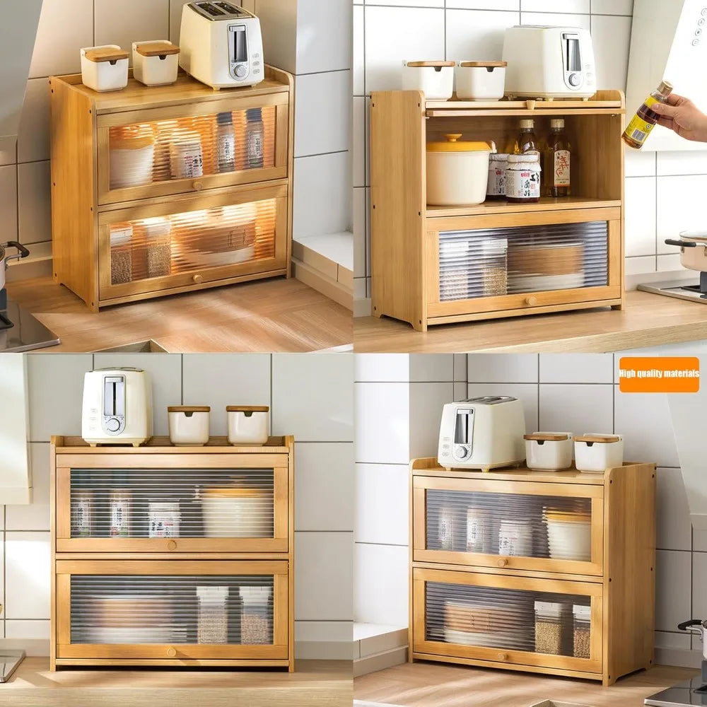 2 Tier Bamboo Storage Cabinet Countertop Organizer with Clear Acrylic Sliding Doors for Kitchen Condiments and Pantry Essentials