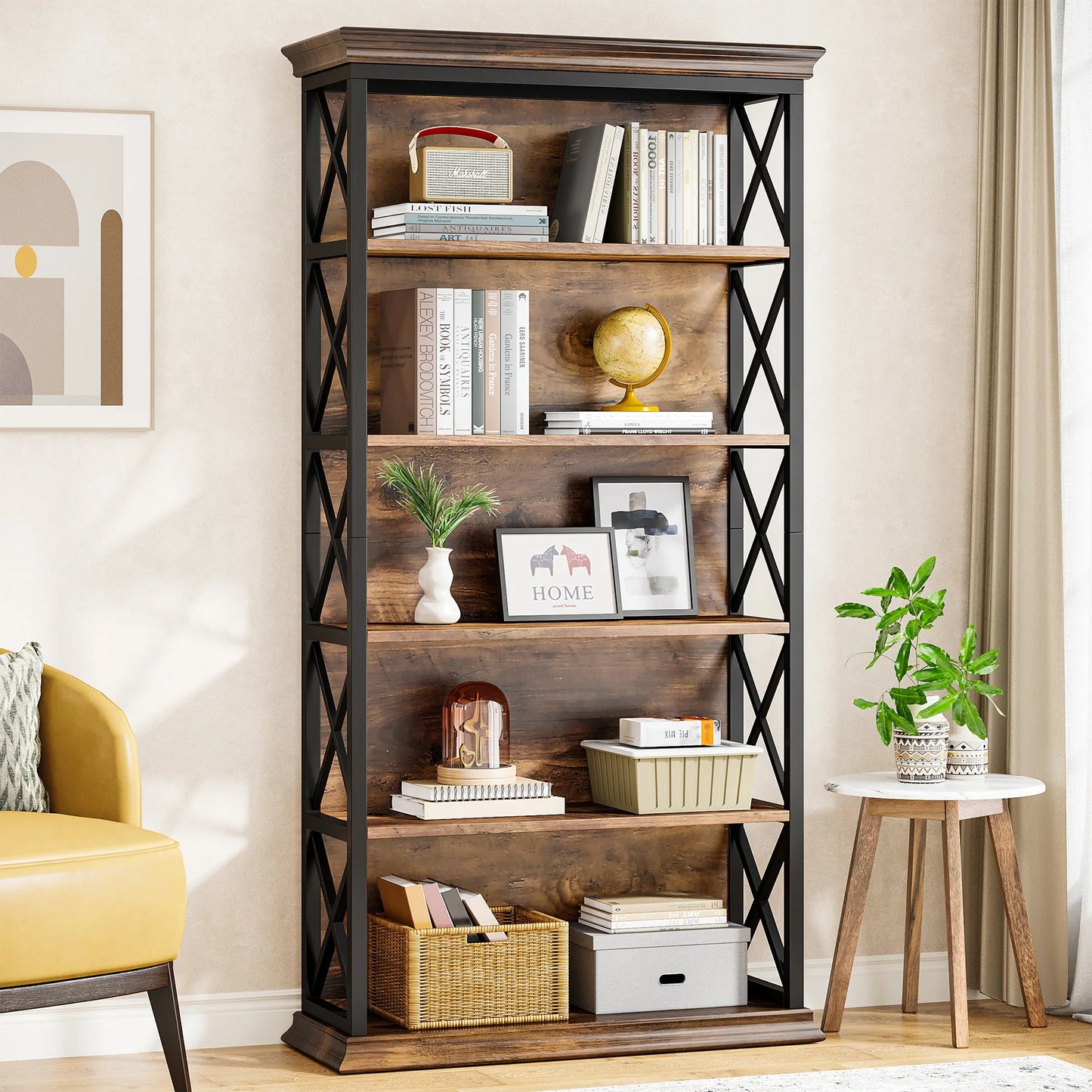 Tribesigns 5 Tier Industrial Wood Bookcase 71 Inch Modern Bookshelf