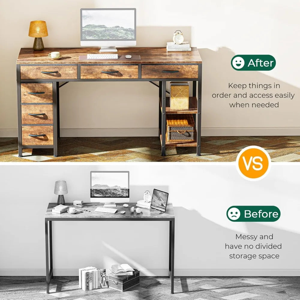 Rustic Brown Six Drawer Gaming Desk With Storage Shelves