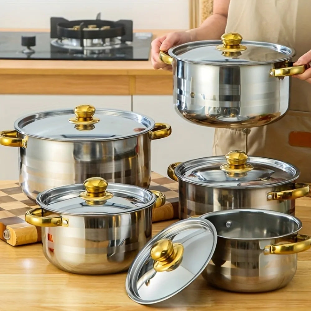 5-Piece Golden Stainless Steel Cookware Set Compatible With All Stoves With Lids