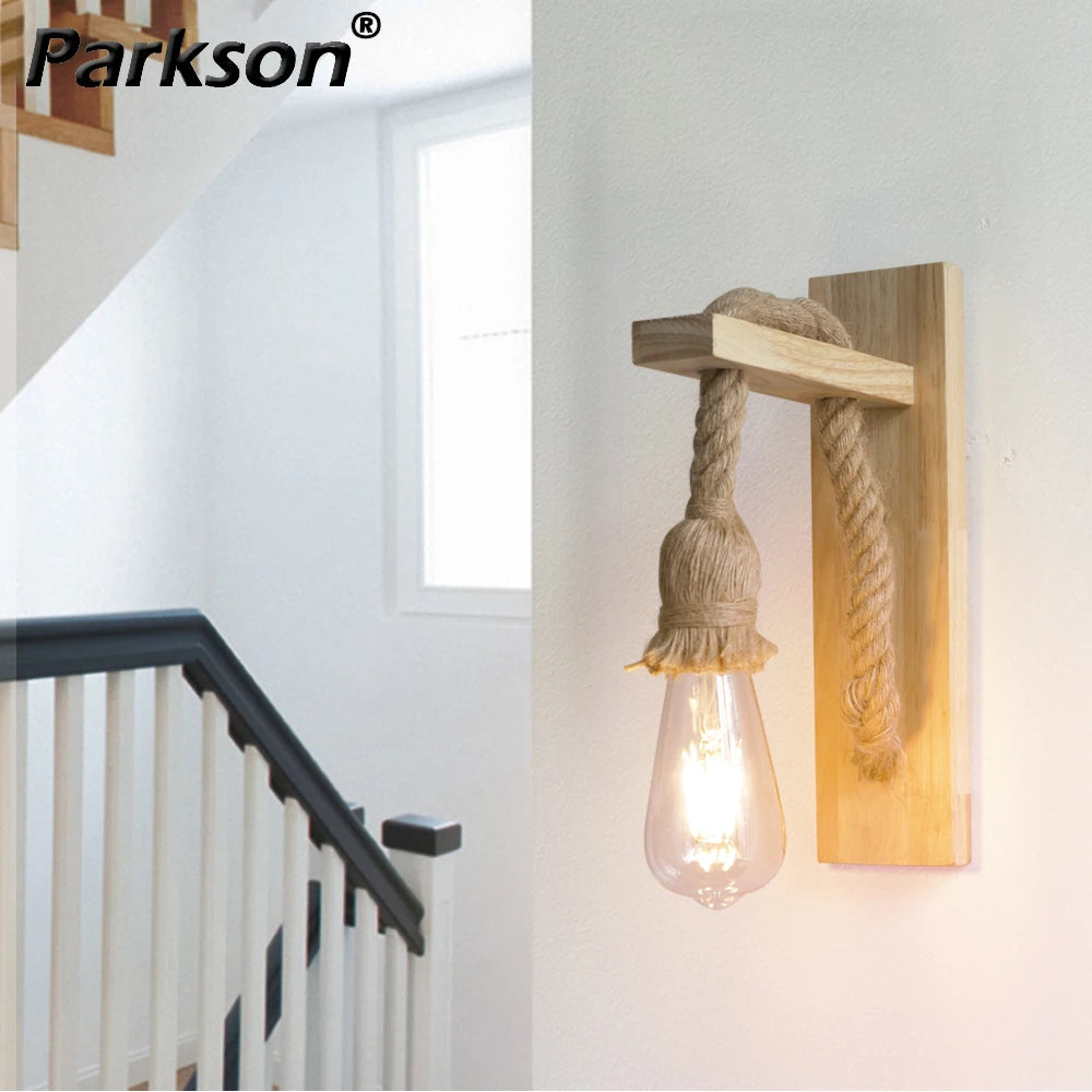 Hemp Rope Beige Wood Wall Sconce 110V 220V Indoor Lighting