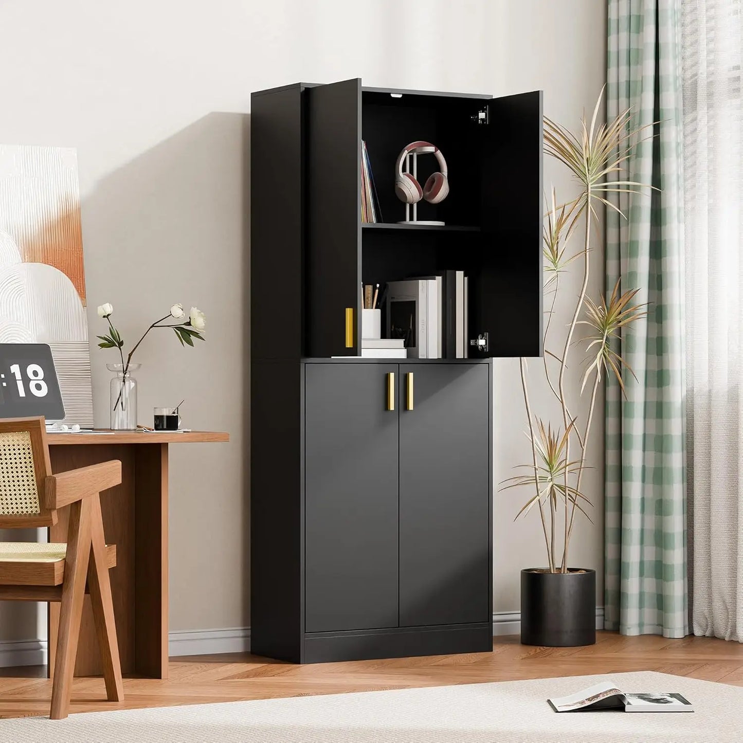 71 Inch Tall Modern Wood Kitchen Pantry Cabinet With Four Doors And Shelves