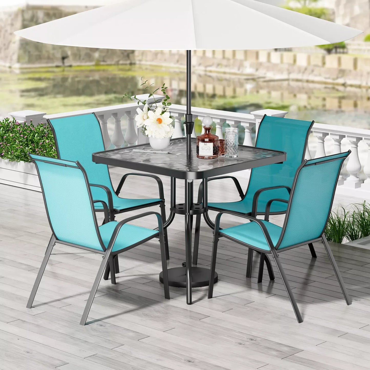 Patio Dining Set 5 Pieces With 30x30 Table And 4 Stackable Textilene Chairs