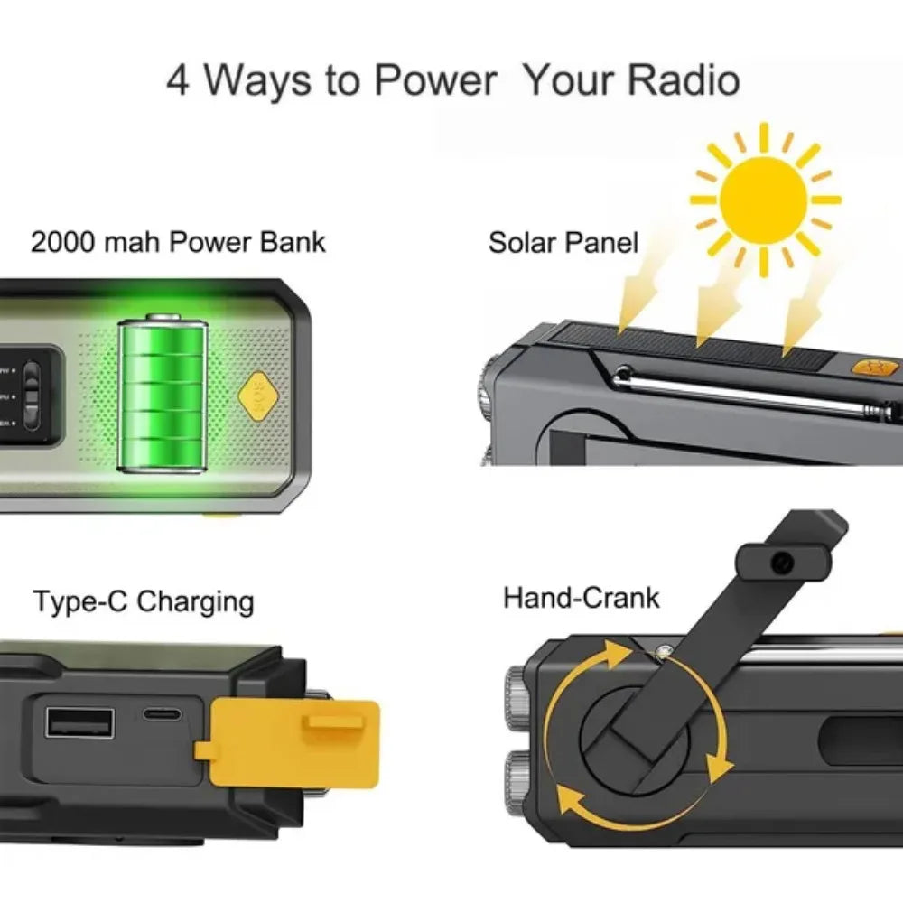 Emergency Weather Radio Multifunctional FM AM WB Hand Crank Solar USB Charging 2000mAh Power Bank LED Flashlight
