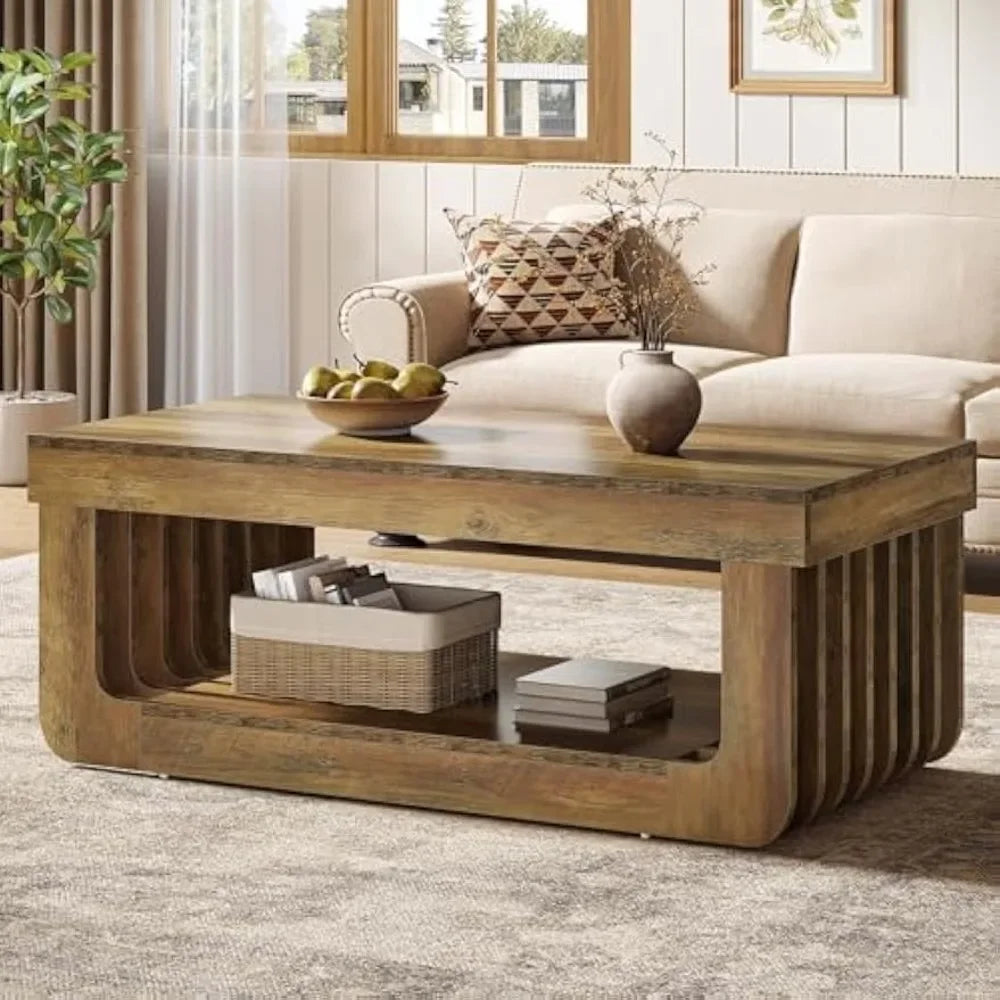 Farmhouse Coffee Table With Storage 47 Inch Rectangle Living Room Table Rustic Brown