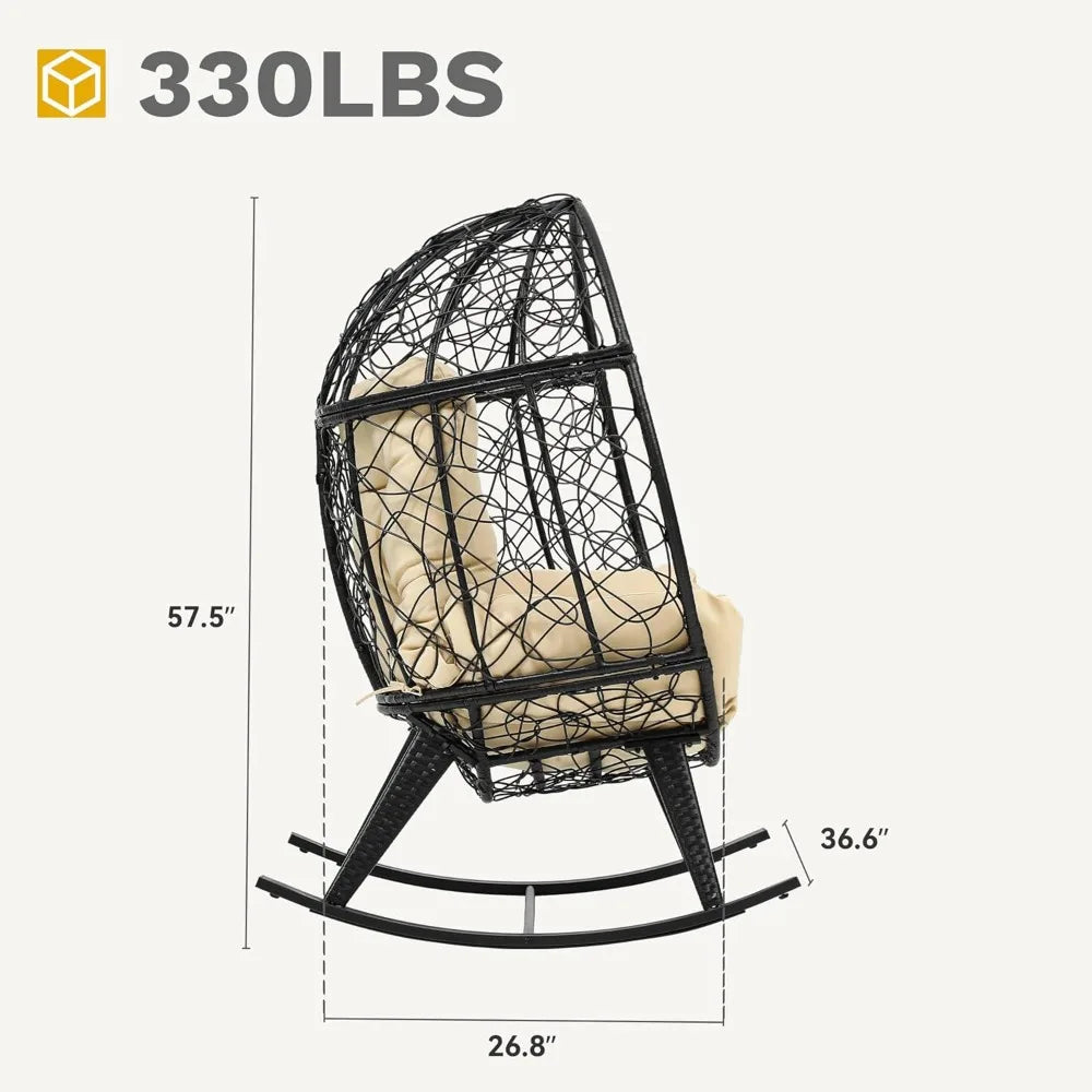 Wicker Rocking Egg Chair Oversized Indoor Outdoor Rattan Rocking Chair Black Beige