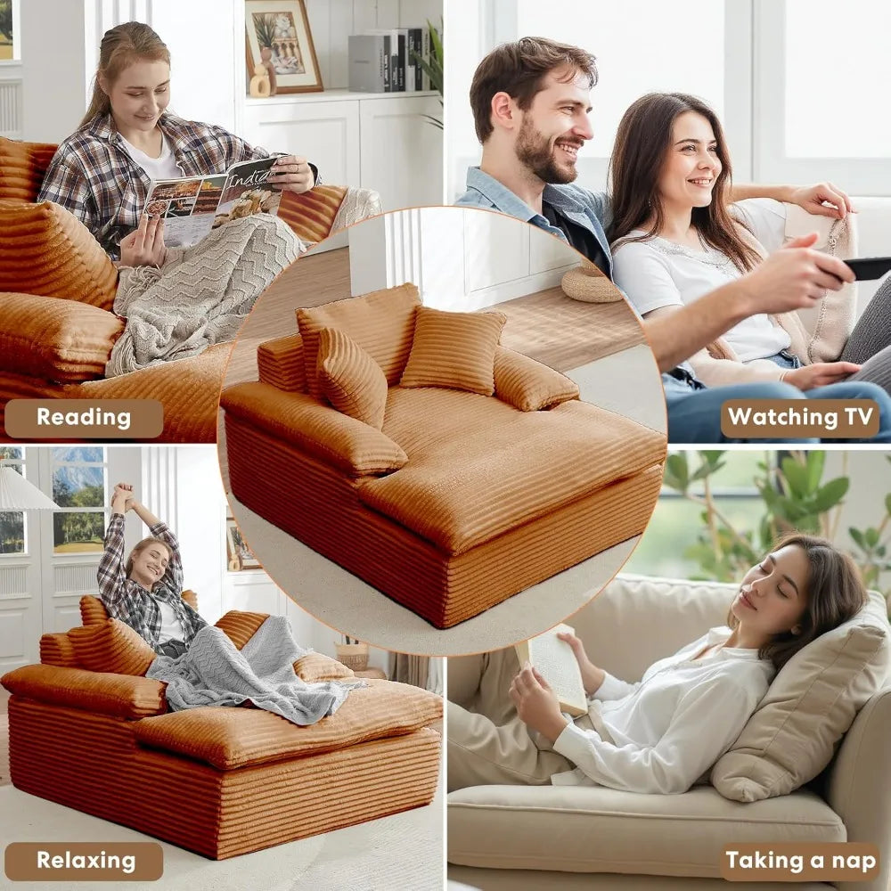 Oversized Orange Corduroy 50 Inch Chaise Lounge Chair With 3 Pillows