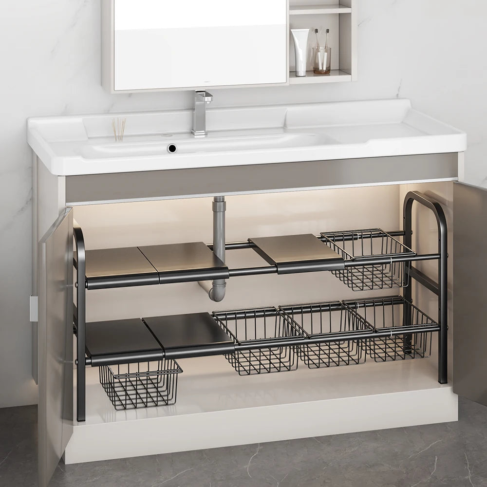 1 Set Multi Use Kitchen Under Bathroom Sink Organizers Expandable Cabinet Shelf Organizer Storage Rack With Removable Baskets