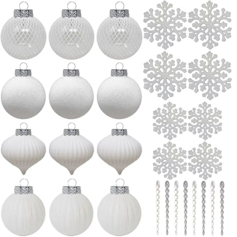 White Shatterproof Plastic Christmas Tree Ornaments Set 28 Pack For Durable Holiday Decorations