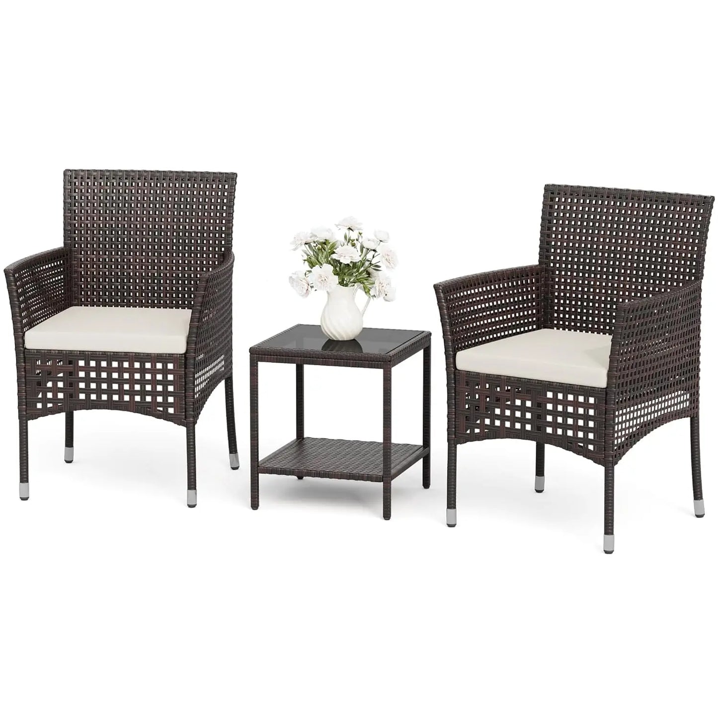 Outdoor 3 Piece Wicker Patio Set With Glass Top Coffee Table