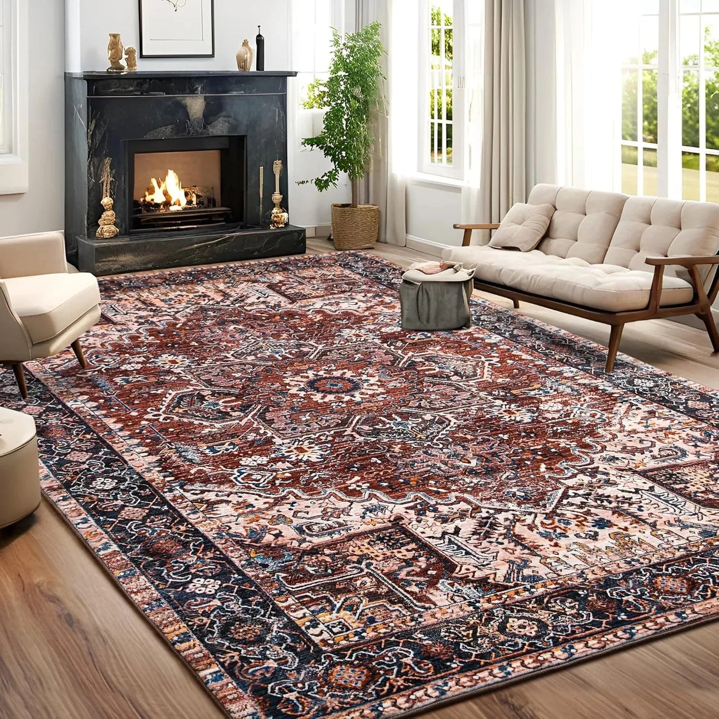 Faux Cashmere Vintage Printed Rug Area Rugs, Low Pile Style