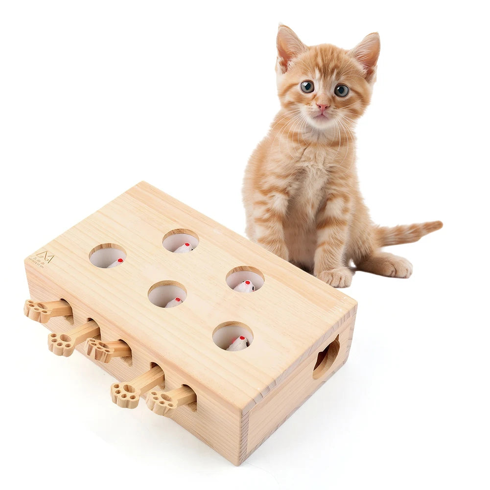 Wooden Whack A Mole Cat Toy Interactive Enrichment