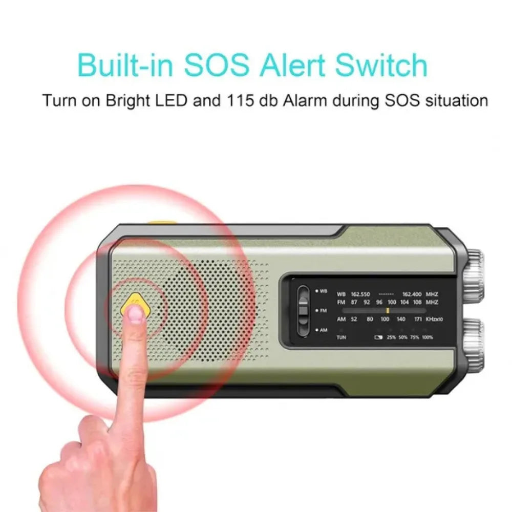 Emergency Weather Radio Multifunctional FM AM WB Hand Crank Solar USB Charging 2000mAh Power Bank LED Flashlight