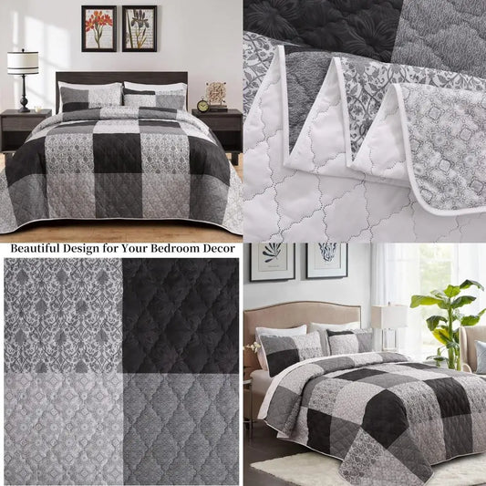 California King Bedding Set: Oversized 128x120 Patchwork Plaid Grey and Black Coverlet with 2 Pillow Shams