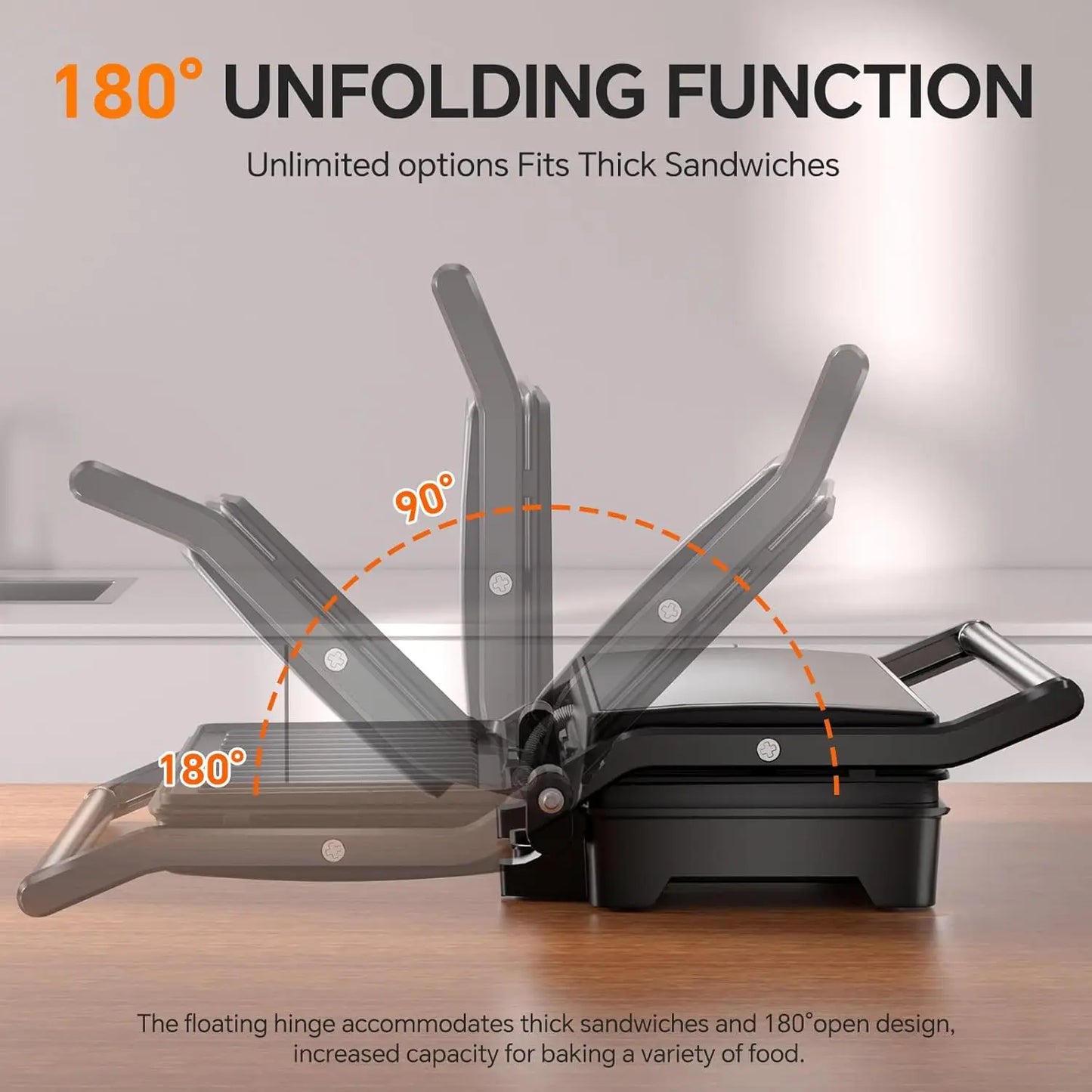 Panini Grill 1000W Sandwich Maker With Nonstick Plates Opens 180 Degrees