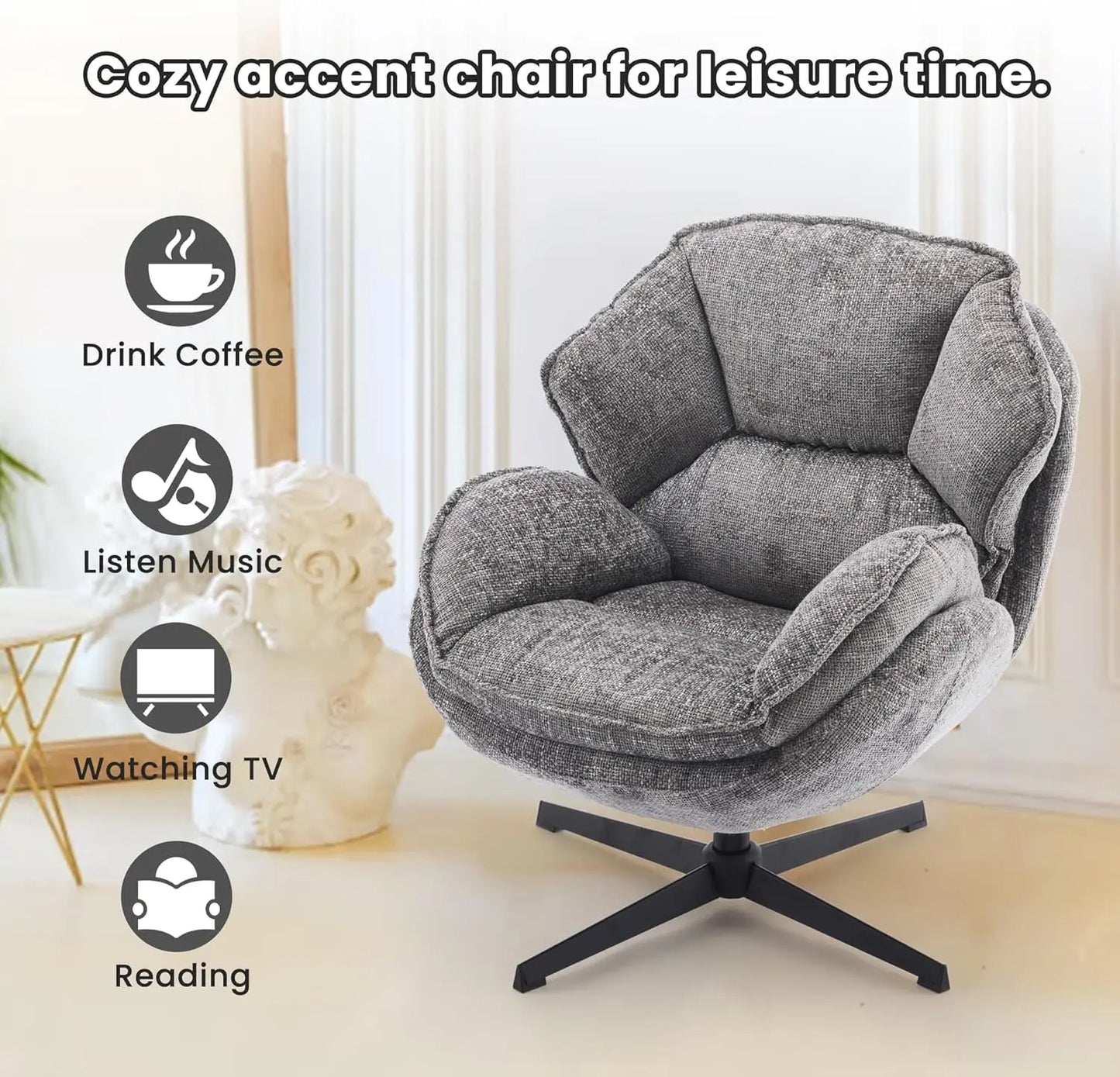 Grey Fabric Upholstered Swivel Accent Chair With Metal Legs