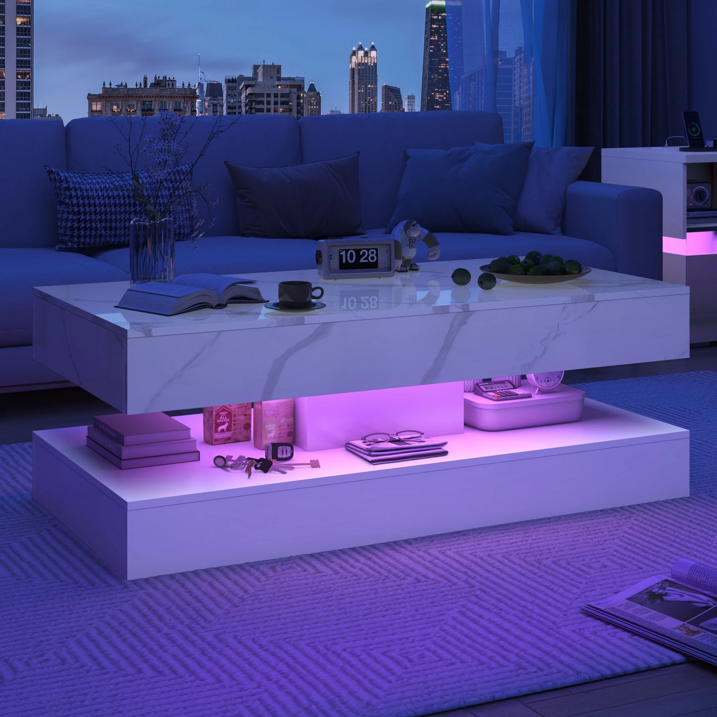 Modern Stylish Coffee Table with LED Lights Double Layer Design for Living Room with Storage Drawers