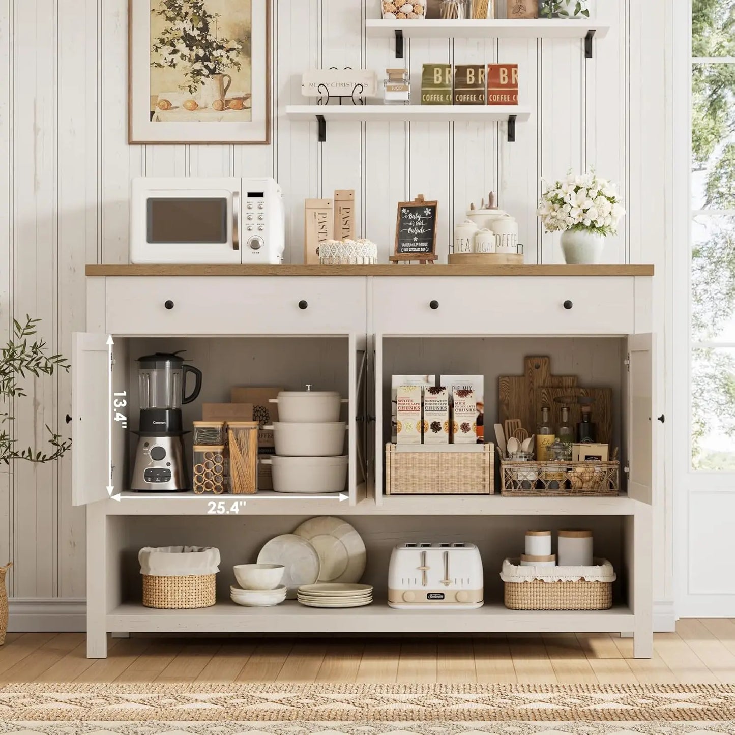55 Inch Buffet Sideboard Cabinet with Storage Coffee Bar Featuring 2 Drawers and Doors Storage Cabinet with Shelf for Kitchen and Living Room