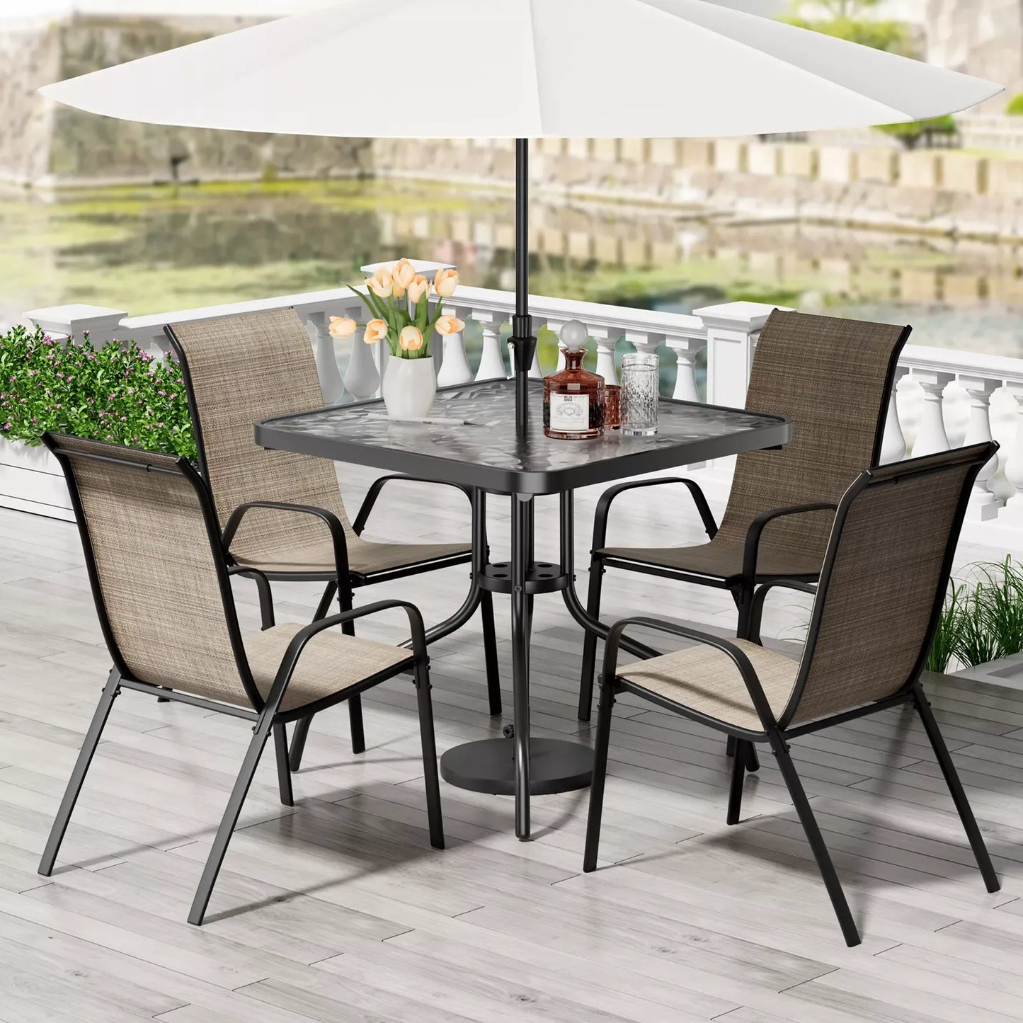 Patio Dining Set 5 Pieces With 30x30 Table And 4 Stackable Textilene Chairs