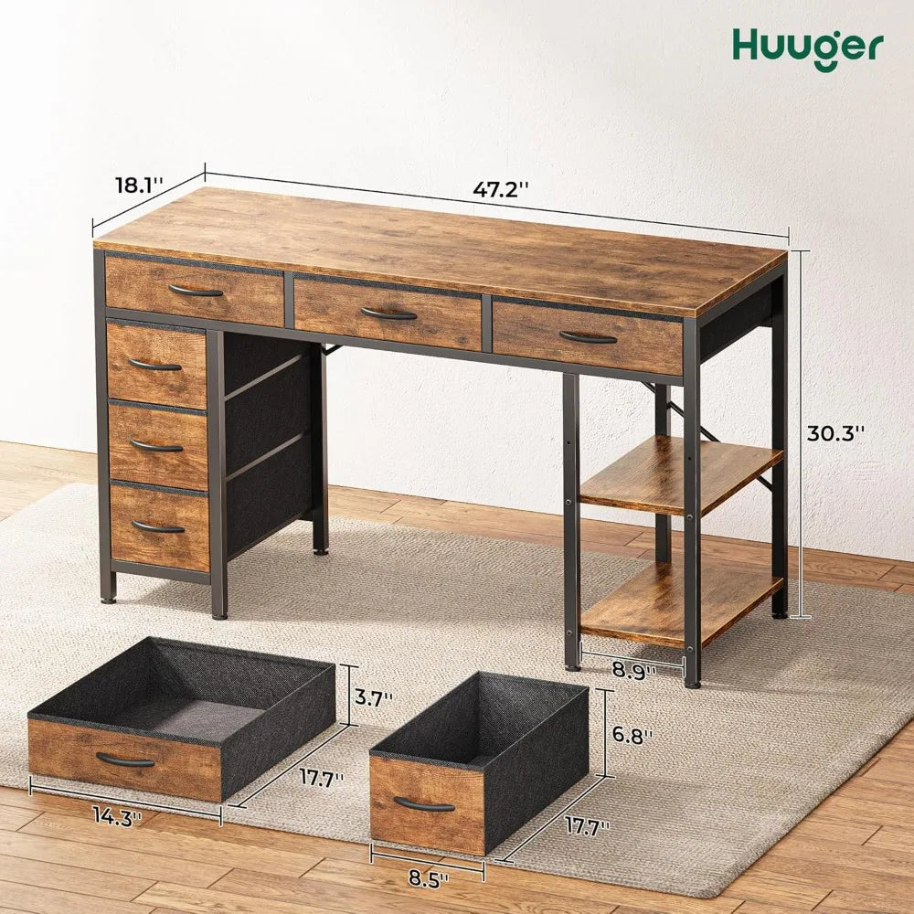 Rustic Brown Six Drawer Gaming Desk With Storage Shelves