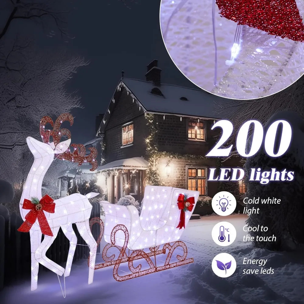Yard Decoration Reindeer And Sleigh With 200 LED Lights Outdoor Holiday Decor
