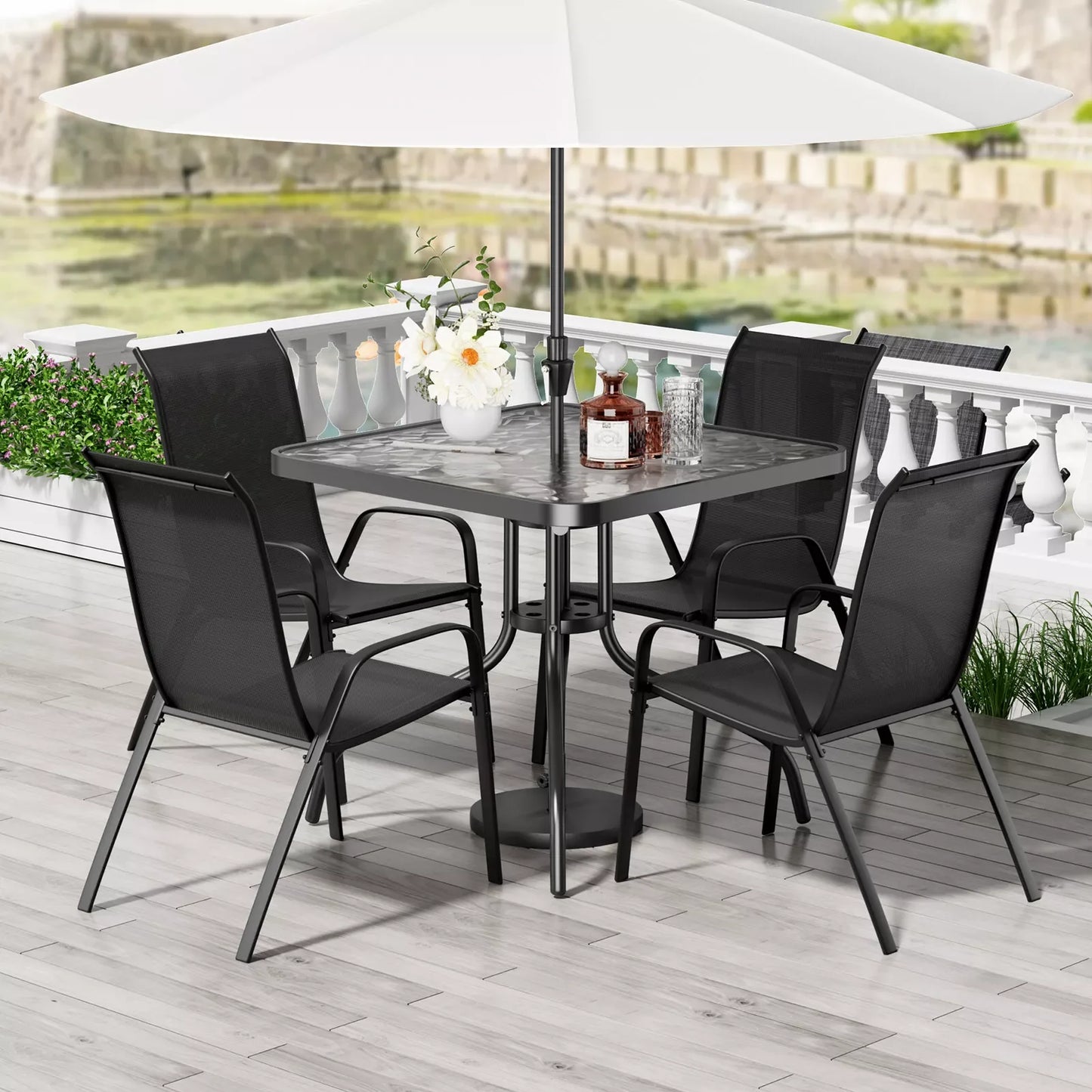 Patio Dining Set 5 Pieces With 30x30 Table And 4 Stackable Textilene Chairs