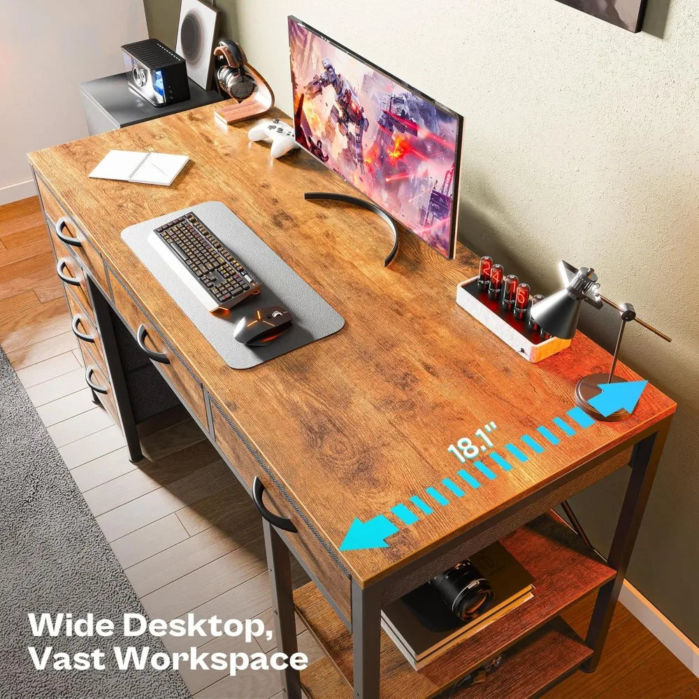 Rustic Brown Six Drawer Gaming Desk With Storage Shelves
