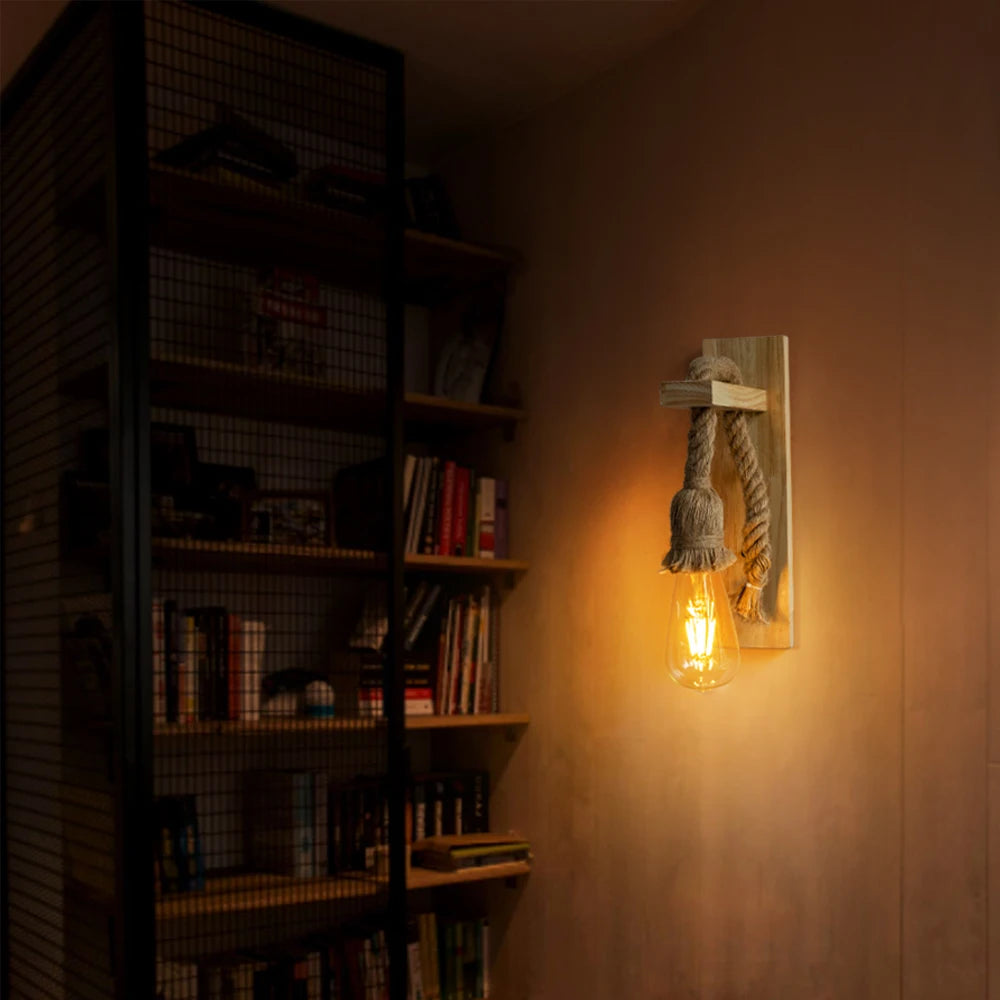 Hemp Rope Beige Wood Wall Sconce 110V 220V Indoor Lighting