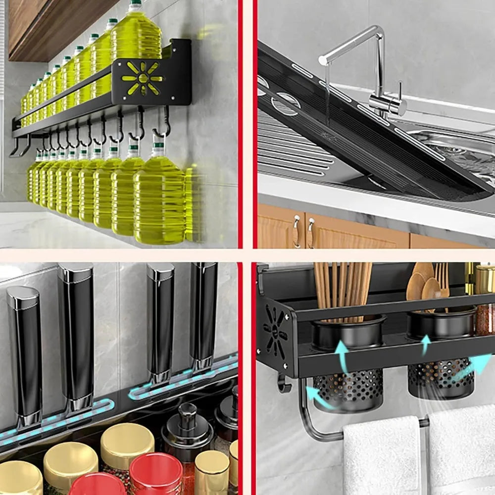 Wall Mounted Kitchen Organizer Shelf Spice Storage Rack Knife Holder Seasoning Storage