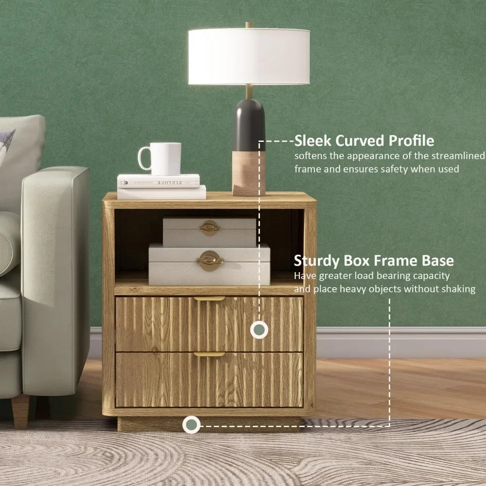 Fluted Nightstands Set of 2 With 2 Drawers and Open Shelves