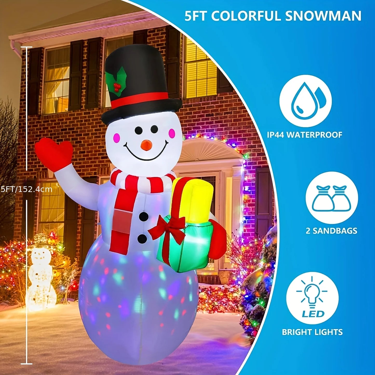 5 Ft Christmas Inflatable Snowman With Built In Led Light For Outdoor Decoration Durable Easy Setup