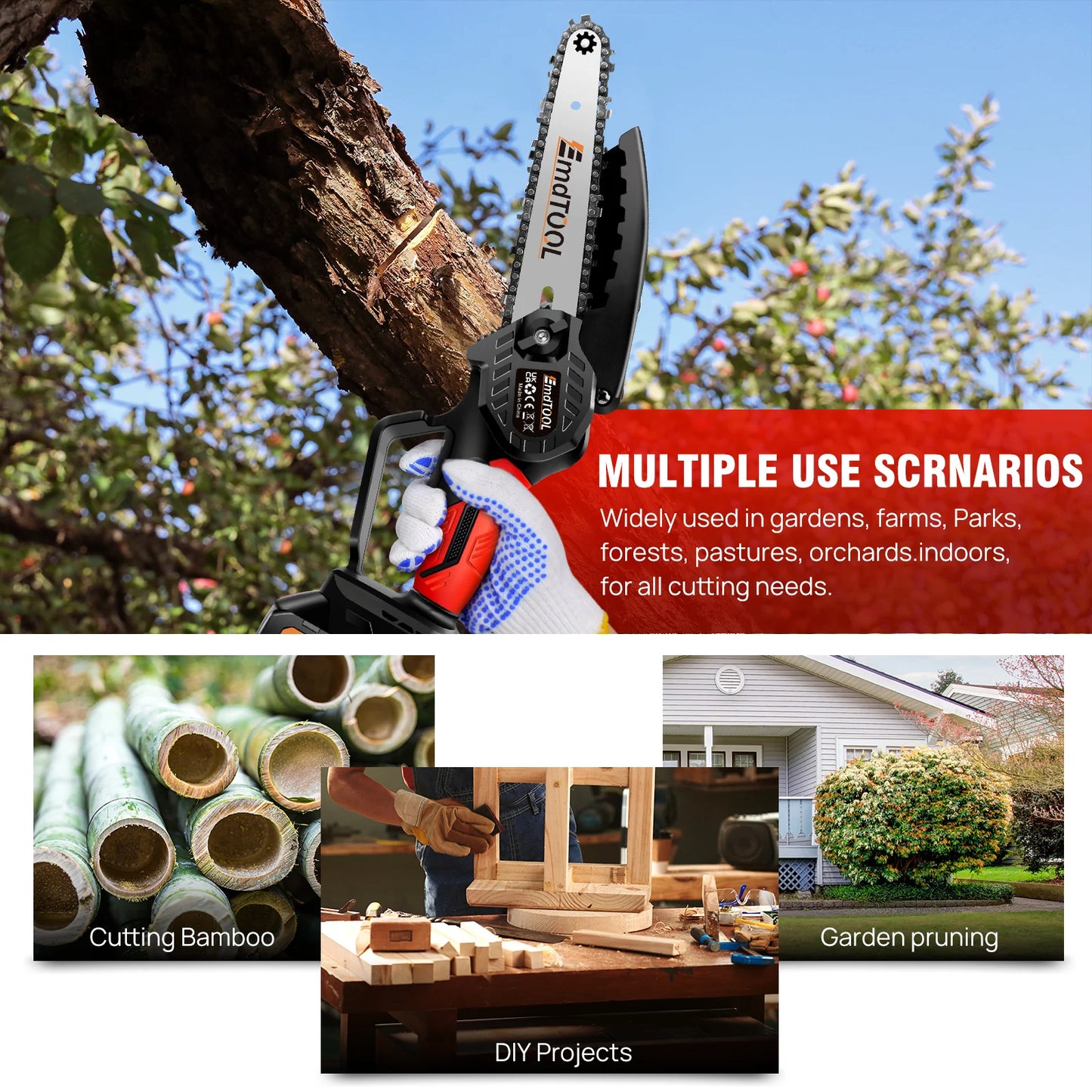 Mini Chainsaw 6 Inch Cordless 21V Battery Powered Pruning Saw With 2 Chains