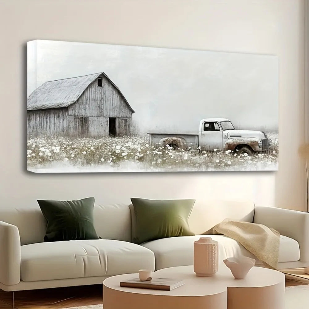 Rustic Farmhouse Canvas Wall Art with 1.5 Inch Thick Pine Solid Wood Frame Vintage Blue Pickup Truck and White Barn Scene