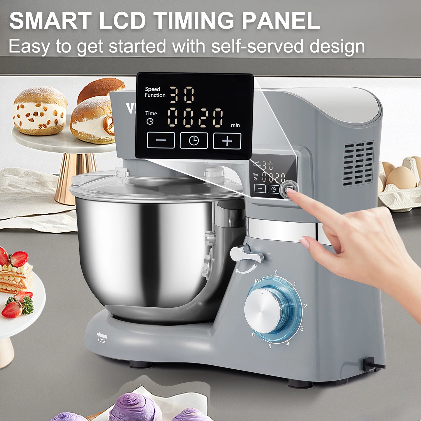 Electric Dough Mixer with 6 Speeds LCD Screen Timing 5.8 Qt Stainless Steel Bowl Dough Hook Flat Beater