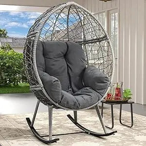 Wicker Rocking Egg Chair Oversized Indoor Outdoor Rattan Rocking Chair Black Beige