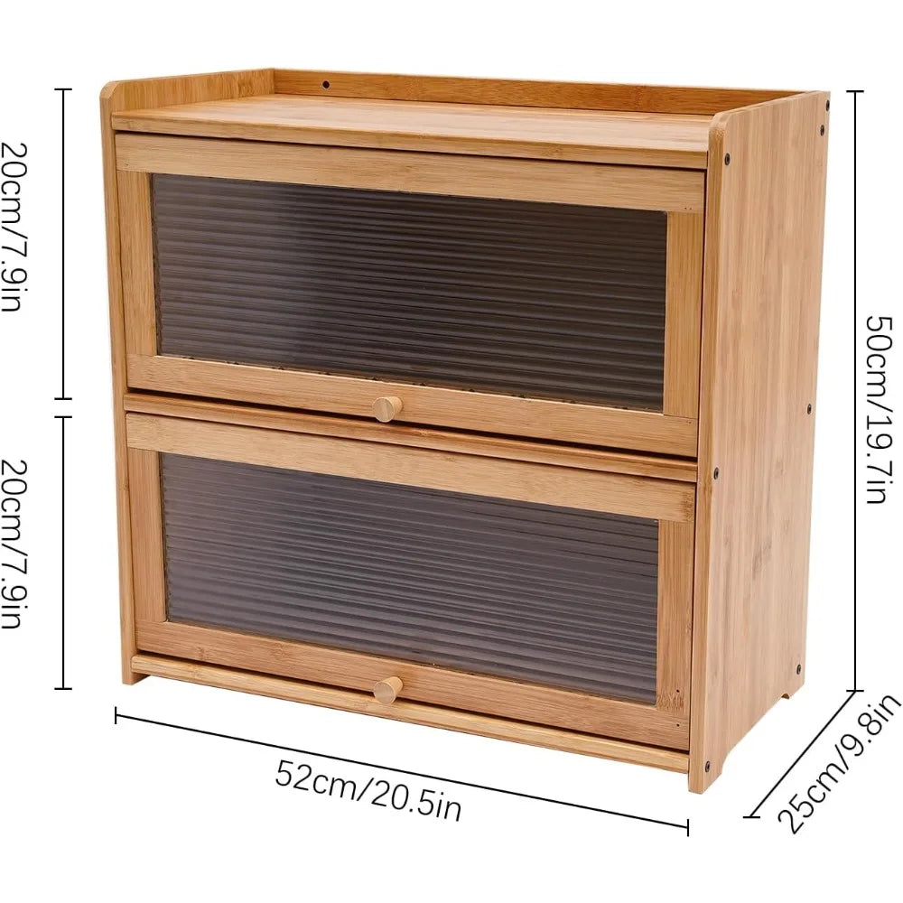2 Tier Bamboo Storage Cabinet Countertop Organizer with Clear Acrylic Sliding Doors for Kitchen Condiments and Pantry Essentials